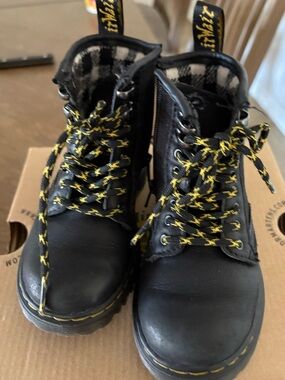 Dr. Martens Black Canvas Combat Boot with Yellow Accents